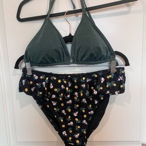 Green Glitter Triangle Bikini Top with Black Floral Lemon Ruffle Bottom